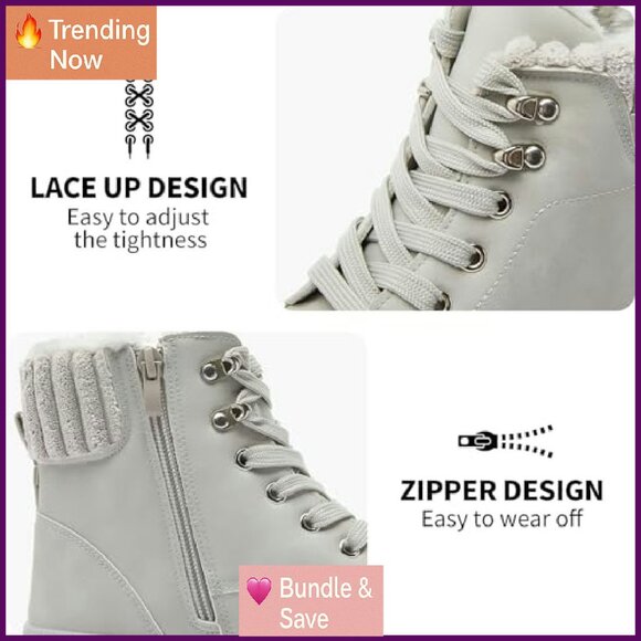 Women's Combat Boots Platform Ankle Boots Waterproof Fuzzy Lined Non-Slip - Picture 7 of 8